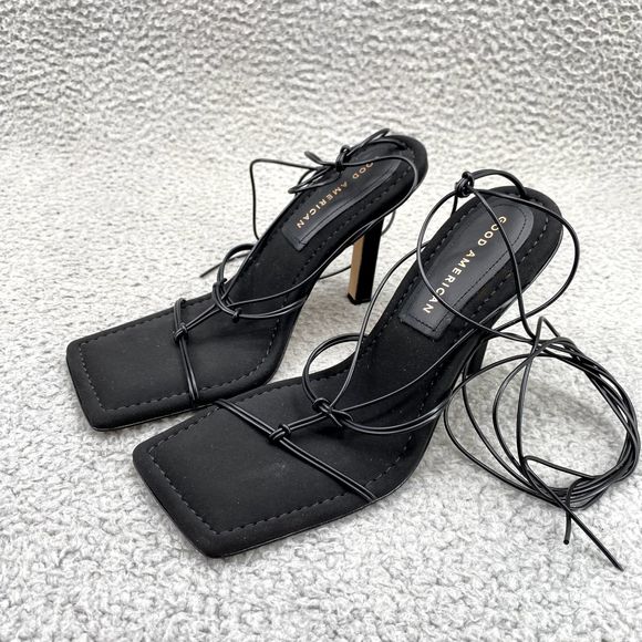 Good American Shoes Sz 5.5 Black Square Toe Lace Up Heels Going Out Khloe Womens - Picture 1 of 10